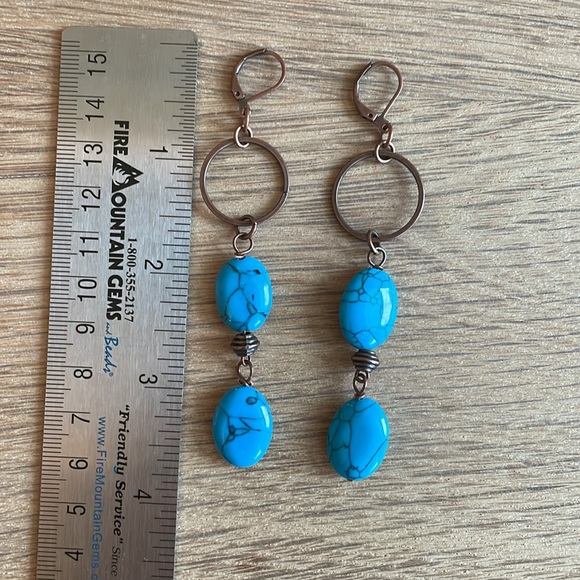 HAND CRAFTED HOOP EARRINGS SHOULDER DUSTER PIERCED Turquoise on Antiqued Copper - Picture 7 of 14